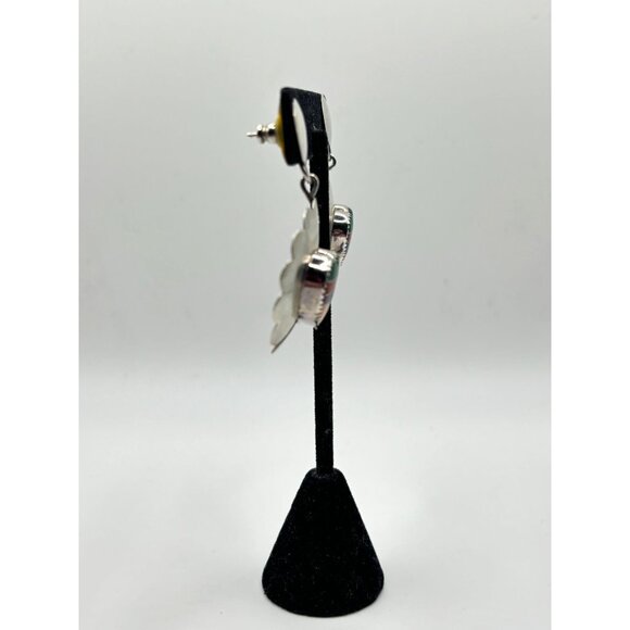 Native American Zuni Inlay Heart Dangle Earrings In Sterling Silver 925 - Picture 6 of 6